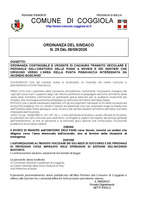 Ordinanza divieto di transito zone interessate da incendio boschivo