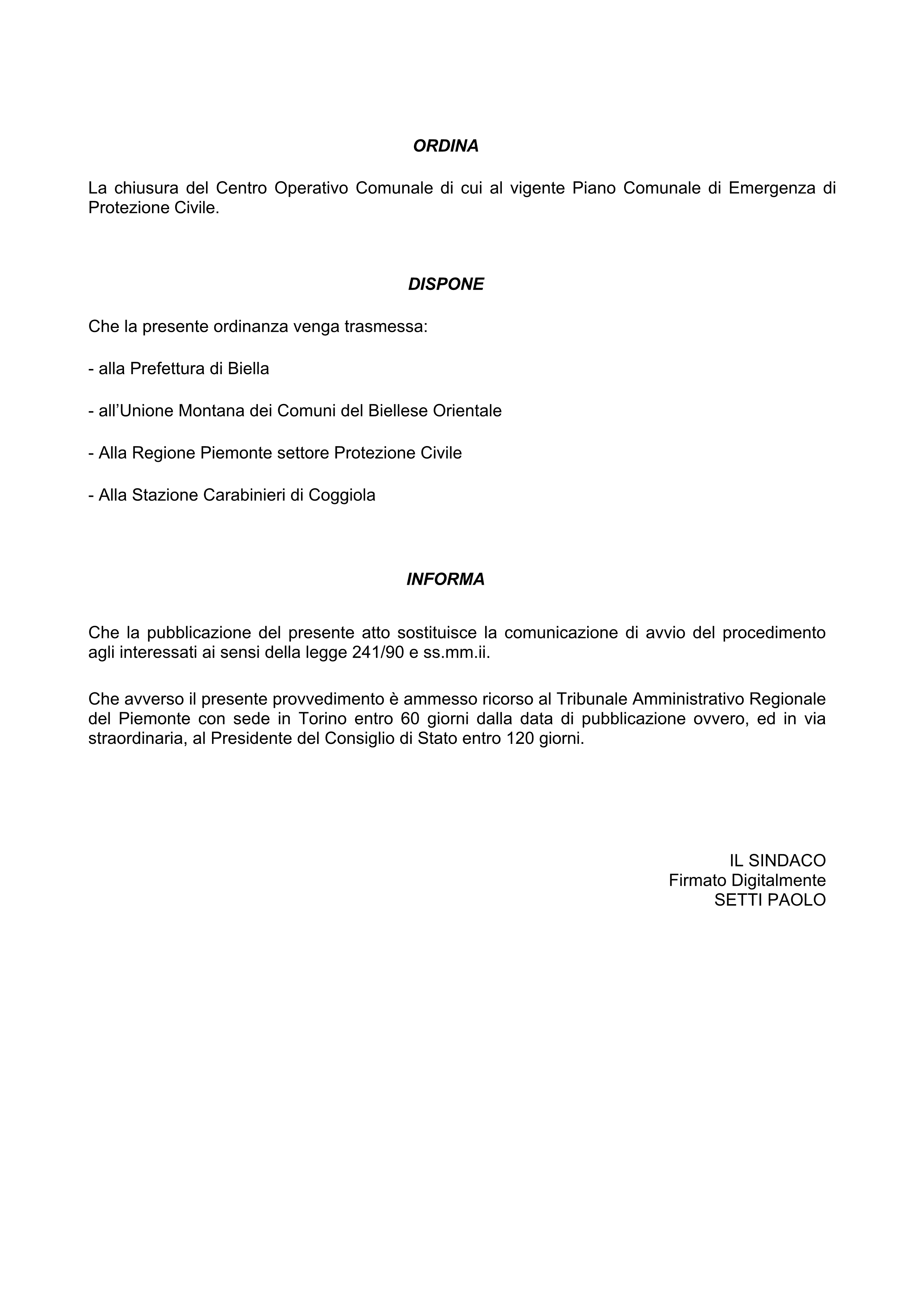 Ordinanza n. 32 del 04/09/2026 CHIUSURA C.O.C. â€“ CENTRO OPERATIVO COMUNALE (APERTO CON ORDINANZA N. 24 DEL 06.08.2026).