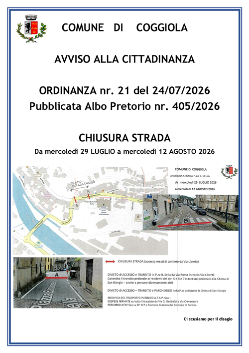 Modifica temporanea della circolazione - Chiusura P.za B. Sella da mercoledì 29 luglio a mercoledì 12 agosto 2026