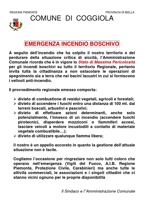 Avvisi alla cittadinanza: Emergenza Idrica ed Emergenza Incendi Boschivi